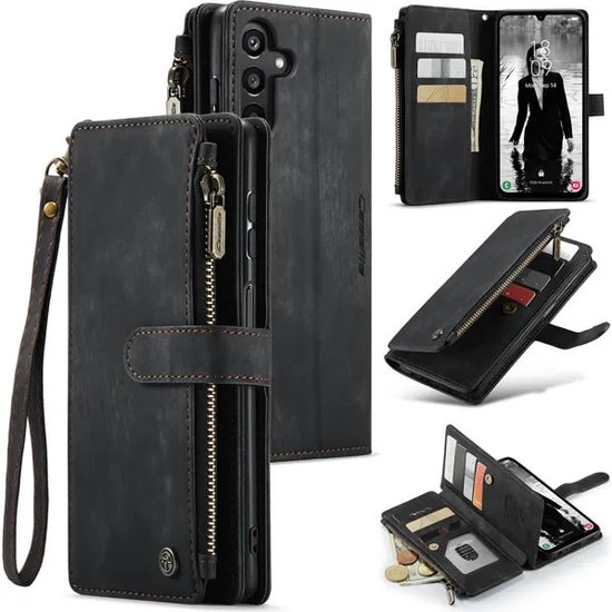 CaseMe - Hoesje geschikt voor Samsung Galaxy A25 - Vintage Wallet Book Case Ritssluiting - Met Magneetsluiting - Zwart