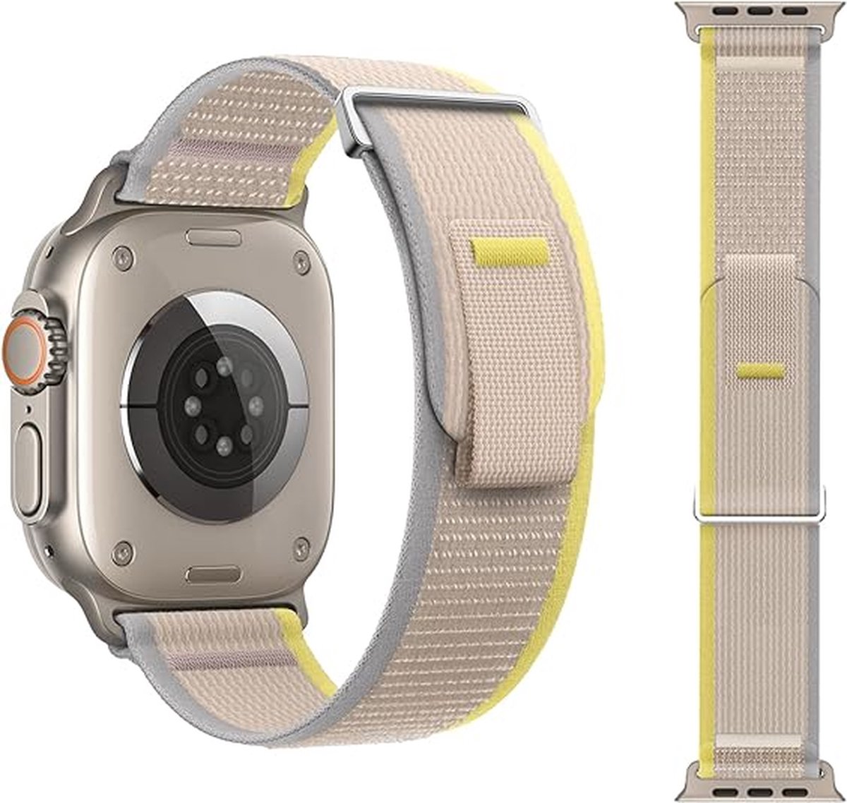 Andyou-horlogeband-compatibel met Apple Watch 1~8-SE-Ultra, enz.-42-44-45-49 mm-dames heren-nylon verstelbaar-geel+beige