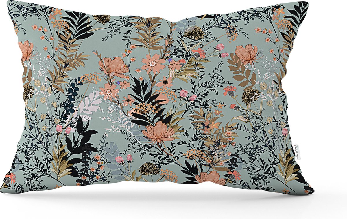 De Groen Home BLOEM Sierkussen velvet 30x50 - Bloemen op lichtblauw - Inclusief binnenkussen - Fluweel