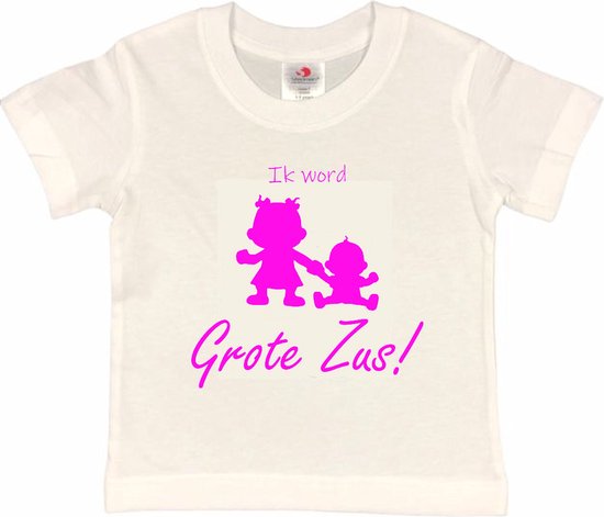 Shirt Aankondiging zwangerschap Ik word grote zus! 2.0 | korte mouw | wit/fluor pink | maat 98/104 zwangerschap aankondiging bekendmaking Baby big sis sister Grote Zus