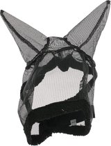Zwart gehaakt vliegenmasker met lange oren en fleece voering.