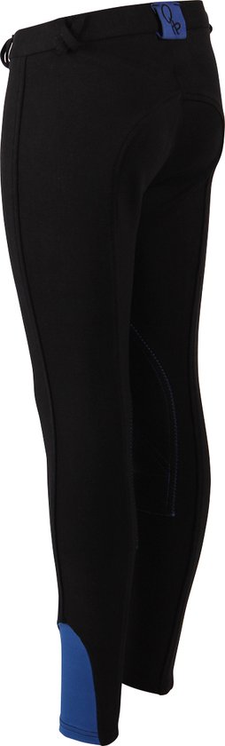 Culotte d'équitation noire avec passant bleu au pied et logo au dos.