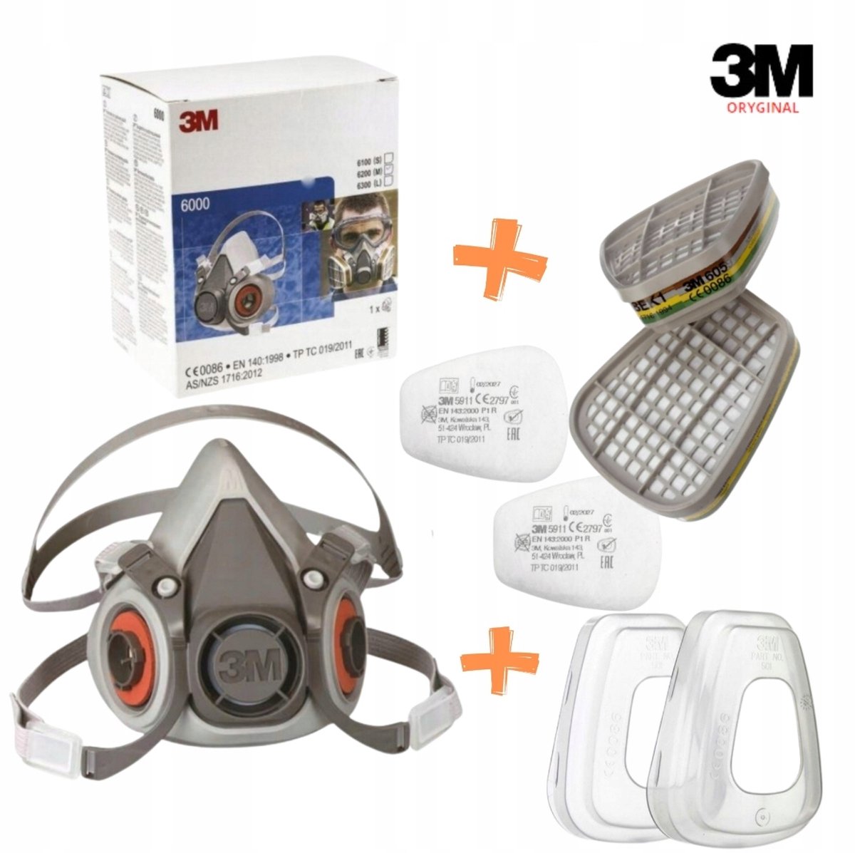 3M 6300 (maat L) + 6059x2 + 5911x2 + 501x2 SET half gelaatsmasker compleet Verf/stofmasker