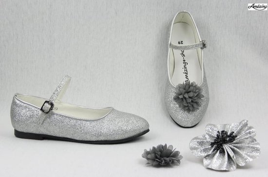Ballerina-bruidsschoen meisje-dansschoen-zilver glitter-prinsessen schoen-glitterschoen-platte schoen-glamour-gespschoen-verkleedschoen (mt 23)