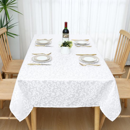 Tafelkleed afwasbaar, rechthoekig, 130 x 200 cm, tafelzeil, polyester, jacquard, tafellinnen, ornamenten, onderhoudsvriendelijk, vuilafstotend, wit