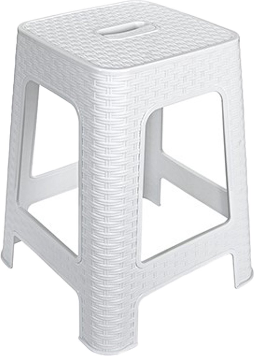 Bol.com Hega Hogar zitkrukje - wit - kunststof - 37x37x45 cm - Rotan Line - opstapkrukje/stapelbaar aanbieding