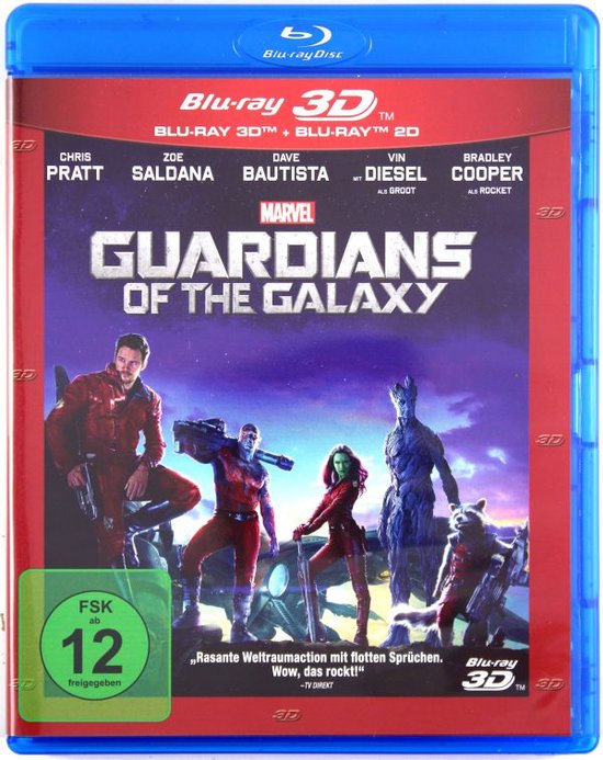Guardians of the Galaxy Blu-ray 3D hoes met Star-Lord, Gamora, Drax, Rocket en Groot.