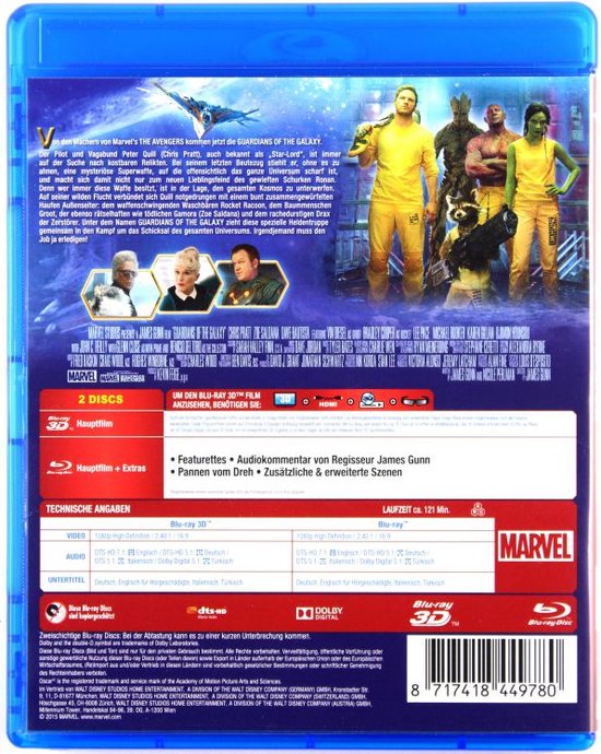 Achterkant Blu-ray hoes Guardians of the Galaxy met cast en details.