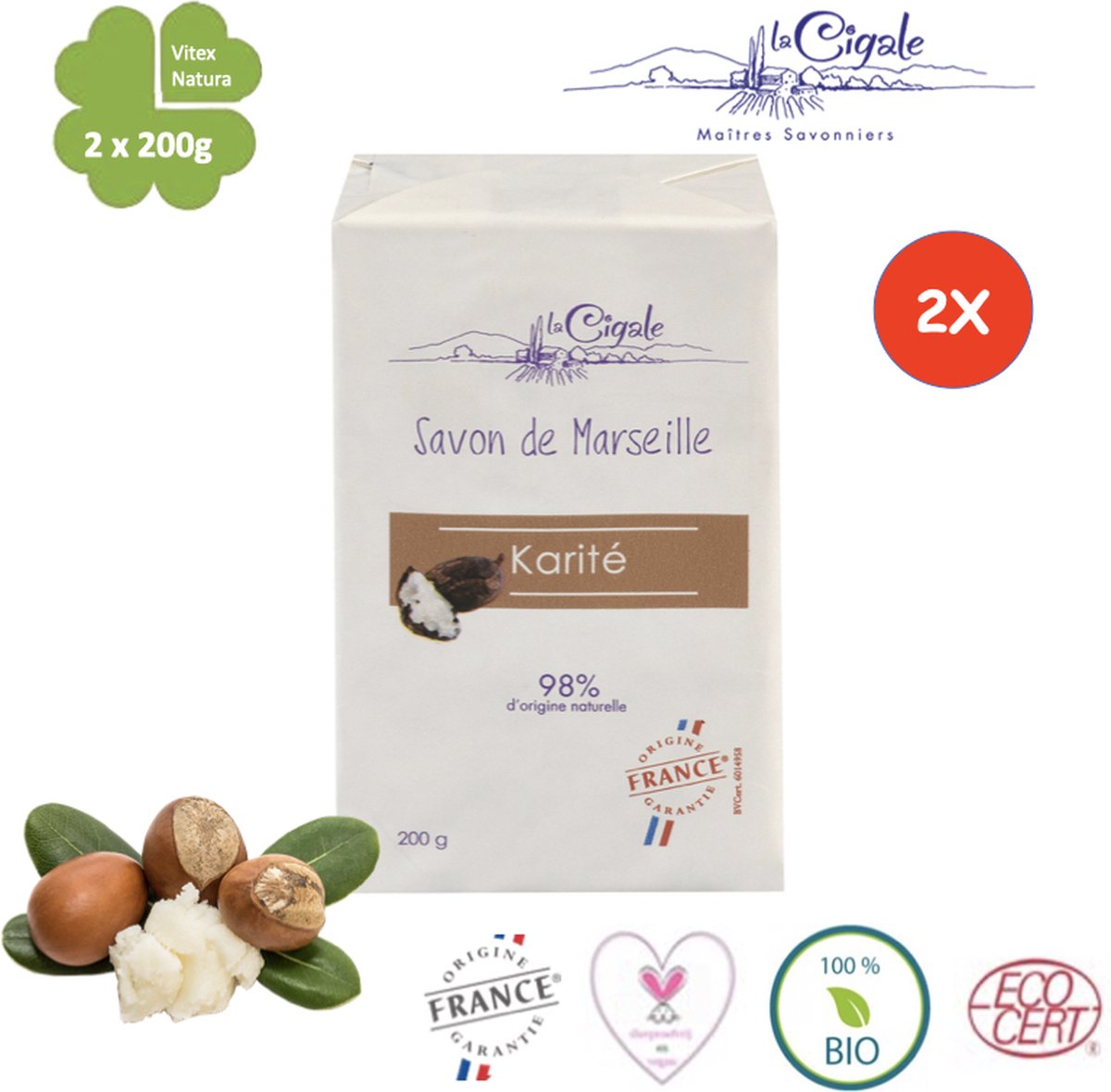 Goedkoopste Karité Marseille Zeep | 2 x 200g | een extra milde shea boter zeep | La Cigale