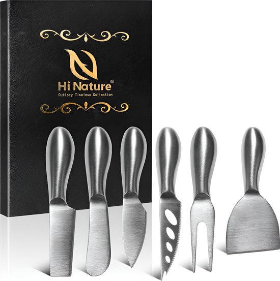 HI NATURE™ couteaux à fromage lot de 6 - Couteaux à fromage - couteau à fromage | Set de couteaux à fromage pour tous types de fromages - Couteau à tartiner - Passe au lave-vaisselle - Acier inoxydable - Argent