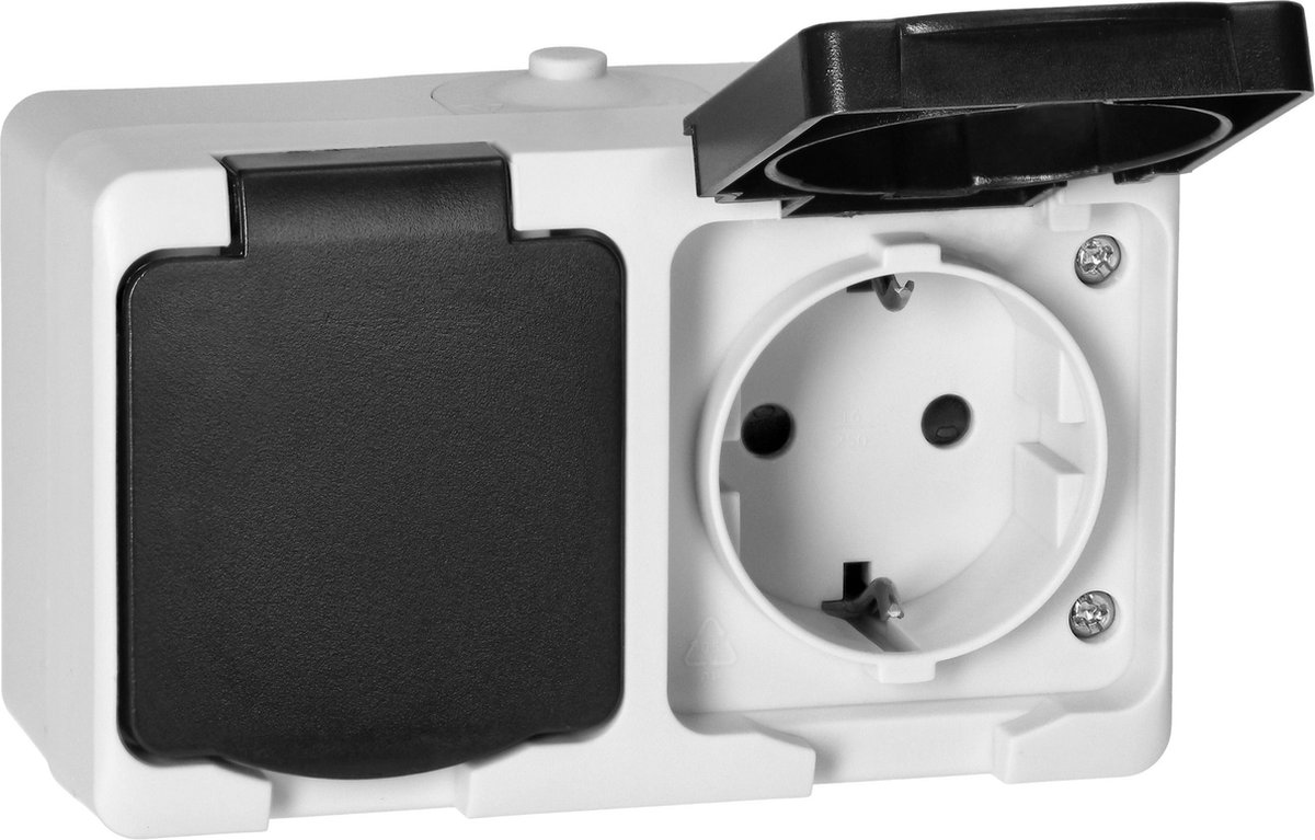 Buiten wandcontactdoos opbouw - Dubbele wandstopcontact IP54 - Stopcontact buiten Schuko Max. 3680 Watt - 10.8x6.5 CM - Wit/Antraciet
