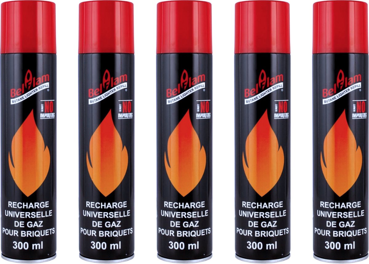 Belflam Aansteker gas - gasfles voor bijvullen - 5x 300 ml - butaan - navulbaar
