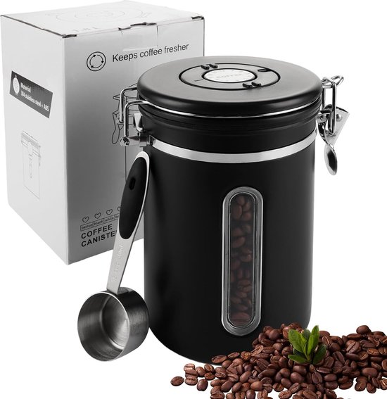 NCTNCX Koffieblik luchtdicht behoudenskoffiebonen 2,8 l uit roestvrij staal koffiecontainer met afvoerklep, datumweergave, maatlepel en borstel voor koffiebonen, cacao, noten enz