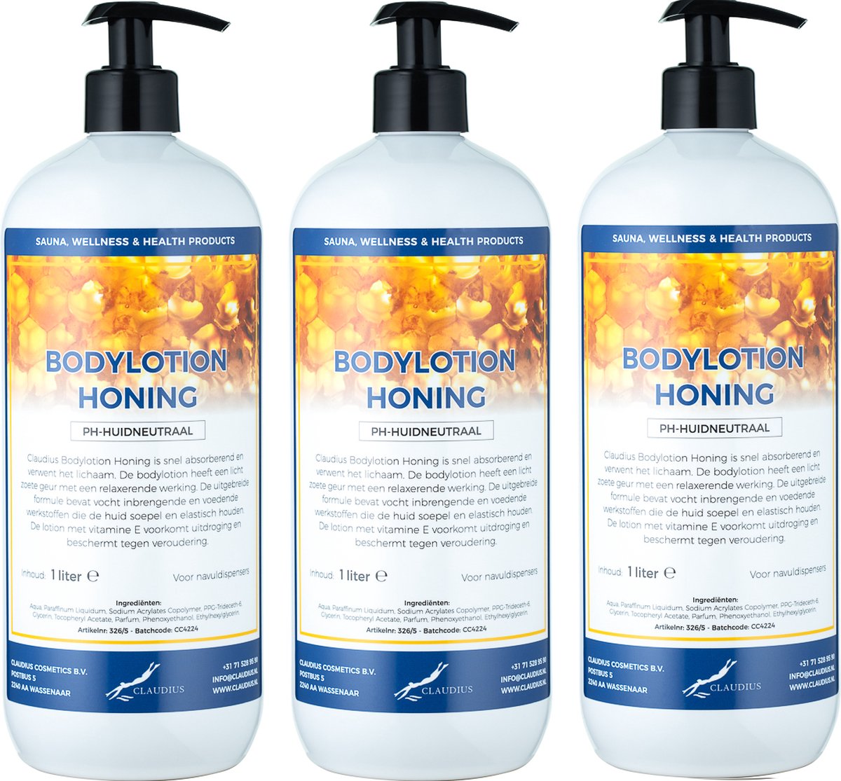 Bodylotion Honing 1 Liter - met gratis pomp - set van 3 stuks