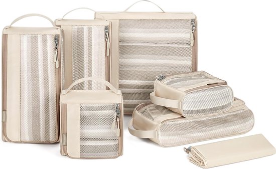 Packing Cubes rugzak, kledingtassen, 7-delige reiskoffer-organizerset, uitbreidbare kofferorganizer voor vakantie en reizen, ivoor