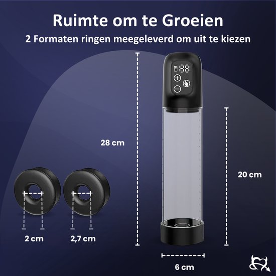 Afmetingen penispomp: 28 cm lang. Afmetingen siliconen ringen: 2 cm en 2,7 cm doorsnede.