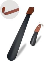 2x Zwarte Schoenlepel Lang & Kort Metaal RVS Leder Handgreep - 42 x 4cm & 17.5 x 4.5cm - Schoenlepels - Schoentrekker - Tegen Rugklachten