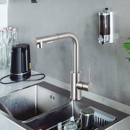 FORIOUS Keukenkraan, Keukenkraan met Uittrekbare Douche, Hogedruk Keuken Mengkraan, 360° Draaibare, 2 Waterstraalsoorten met Hoge Boog, Roestvrij Staal