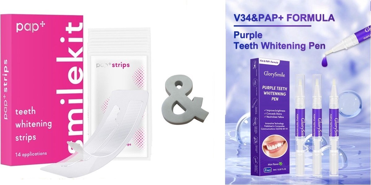 Goedkoopste Smilekit - Tandenbleekset - PAP Whitening Strips & V34 Colour Corrector Pens - Witte Tanden - Paarse Tandpasta - Teeth Whitening - Kleurcorrector- Hismile - smilekit