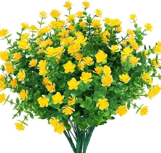 Kunstmatige nepbloemen, 8-pack buiten UV-bestendig groen struiken planten binnen buiten hangende plantenbak huis tuin decor (geel)