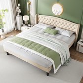 Sweiko Stijlvol zacht gestoffeerd bed met fluweelzacht hoofdeinde, 140*190cm, knoopdecor en stevige houten panelen, beige