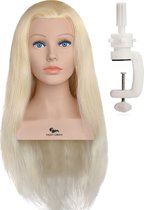 Oefenhoofd 100% Echt Haar met Statief - Kappershoofd Human Hair - Oefenpop Kapper - Blond Haar - 65 cm