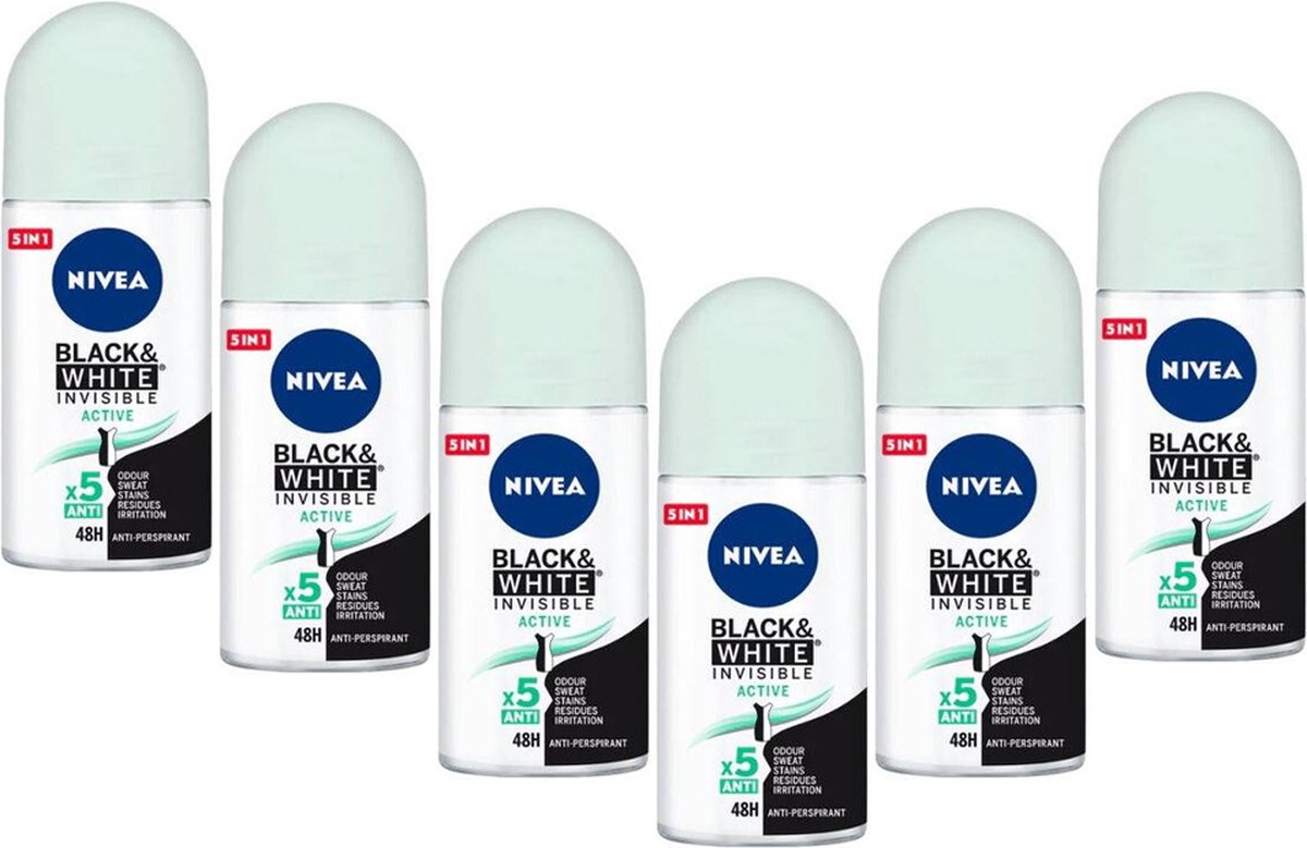Goedkoopste Nivea Deodorant roller Black & White Active - Voordeelverpakking 6 x 50 ml.