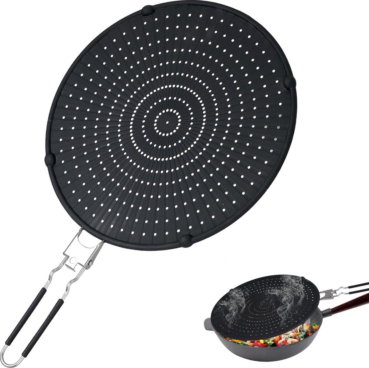 33CM siliconen spatbescherming pannen, multifunctionele spatbescherming voor pannen, hittebestendig, pan spatbescherming universeel voor koken tegen vetspatten, zwart