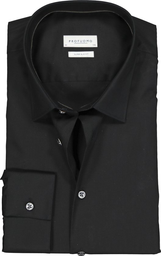 Profuomo super slim fit overhemd - stretch poplin - zwart - Strijkvriendelijk - Boordmaat: 43