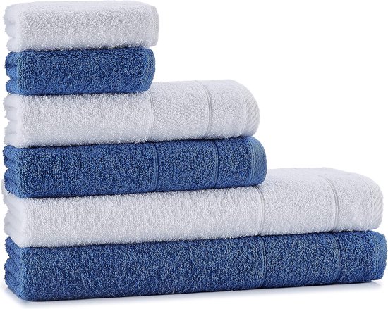 Premium 6-delig badstof handdoeken set 2 badhanddoeken + 2 handdoeken + 2 gastendoekjes | % 100 katoenen handdoeken set 6-delig | premium kwaliteit | kleur: blauw - wit