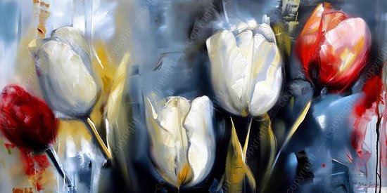 JJ-Art (Glas) 80x40 | Bloemen, tulpen, abstract, wit, blauw, rood, groen, kunst | plant, natuur, panorama, modern | Foto-schilderij-glasschilderij-acrylglas-acrylaat-wanddecoratie