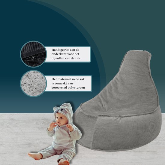 Grijze zitzak met een rits en gerecycled polystyreen vulling, met een baby in een muizenkostuum.