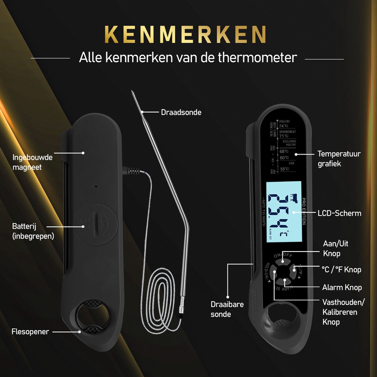 MostEssential PRO-3 Vleesthermometer BBQ RVS Digitaal 300°C