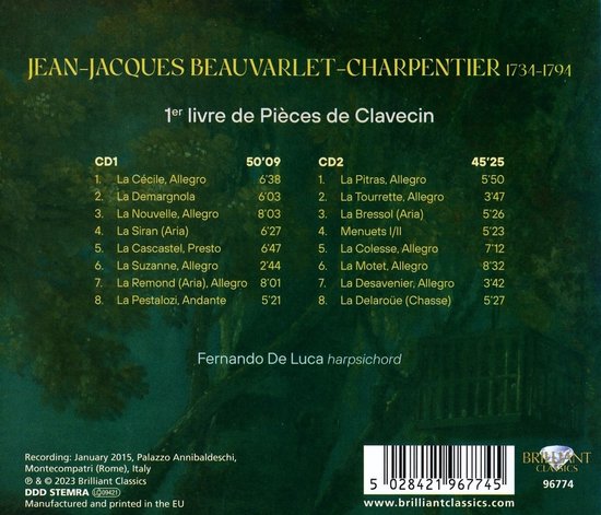 Boek met CD-inhoudsopgave en tracklijsten voor '1er livre de Pièces de Clavecin' door Jean-Jacques Beauvarlet-Charpentier.