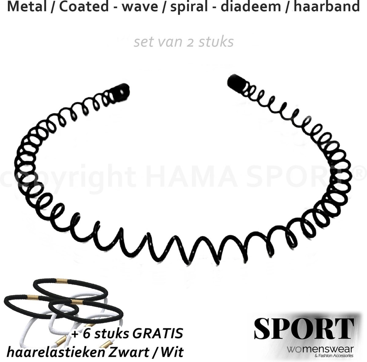 SPORT® - Diadeem / Haarband - 2 stuks - zwart wave spiraal veer metaal (+6 st. haarelastiek) - casual sport - unisex