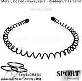 SPORT® - Diadeem / Haarband - 2 stuks - zwart wave spiraal veer metaal + 6 stuks GRATIS haarelastieken - casual sport - unisex