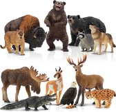 dieren 12 stuks dierenfiguren, set van 12 stuks, bos, speelfiguren, speelgoed, Noord-Amerikaanse bosdierfiguren, bevat wasbeer, lynx, beer, adelaar, plastic dieren, dierentuin, jungle, wilde