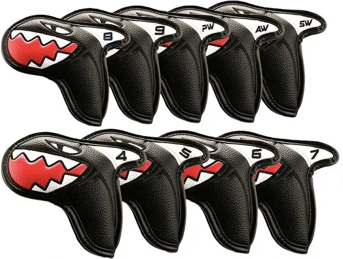 9x Haaien Golf Ijzers Headcovers - Zwart - Grappig en Uniek Golfcadeau