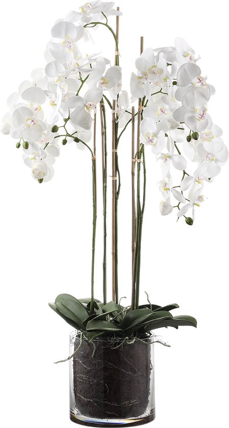 Kunstmatig orchideeën arrangement met transparante witte vaas H126