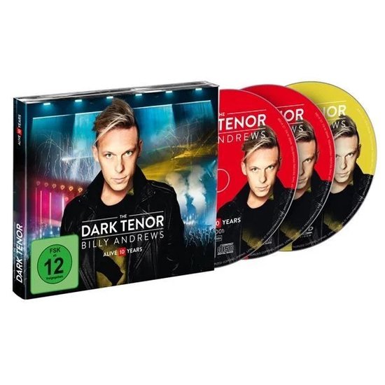 De cover van "The Dark Tenor" toont Billy Andrews op een podium, met de FSK 12-rating. Drie discs, rood, geel en geel, liggen ernaast.