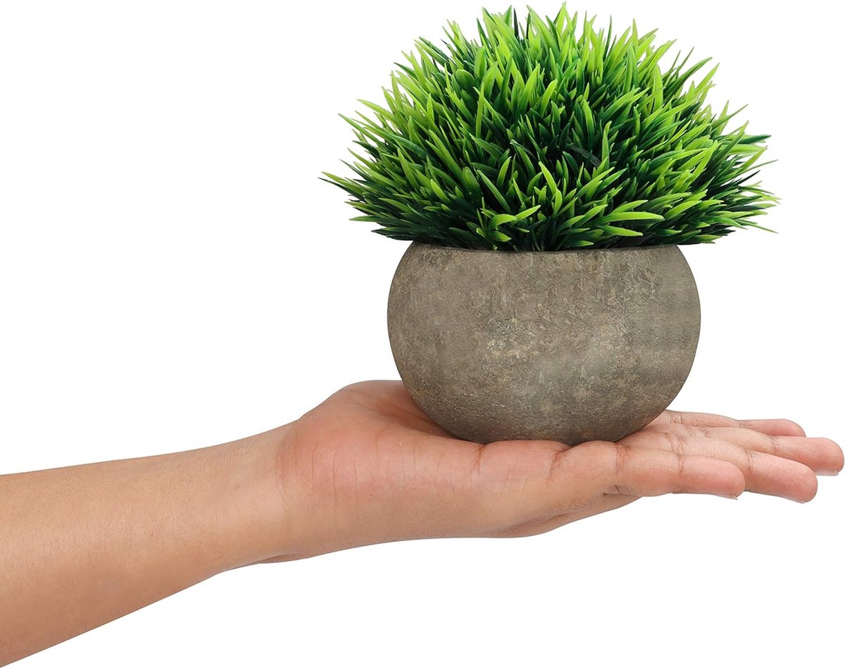Belle Vous Mini Artificiële Pot Planten (2 Pak) – Nep Groene Gras Bosjes met Grijze