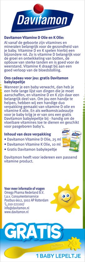 Davitamon duo verpakking met vitamine K en D olie en gratis baby lepel.