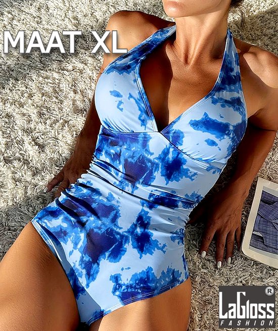 LaGloss® Zomers Dames Badpak met Tye-dye print - blauw - elegant - beach swimsuit - strand badpak zwembad - Maat XL %%