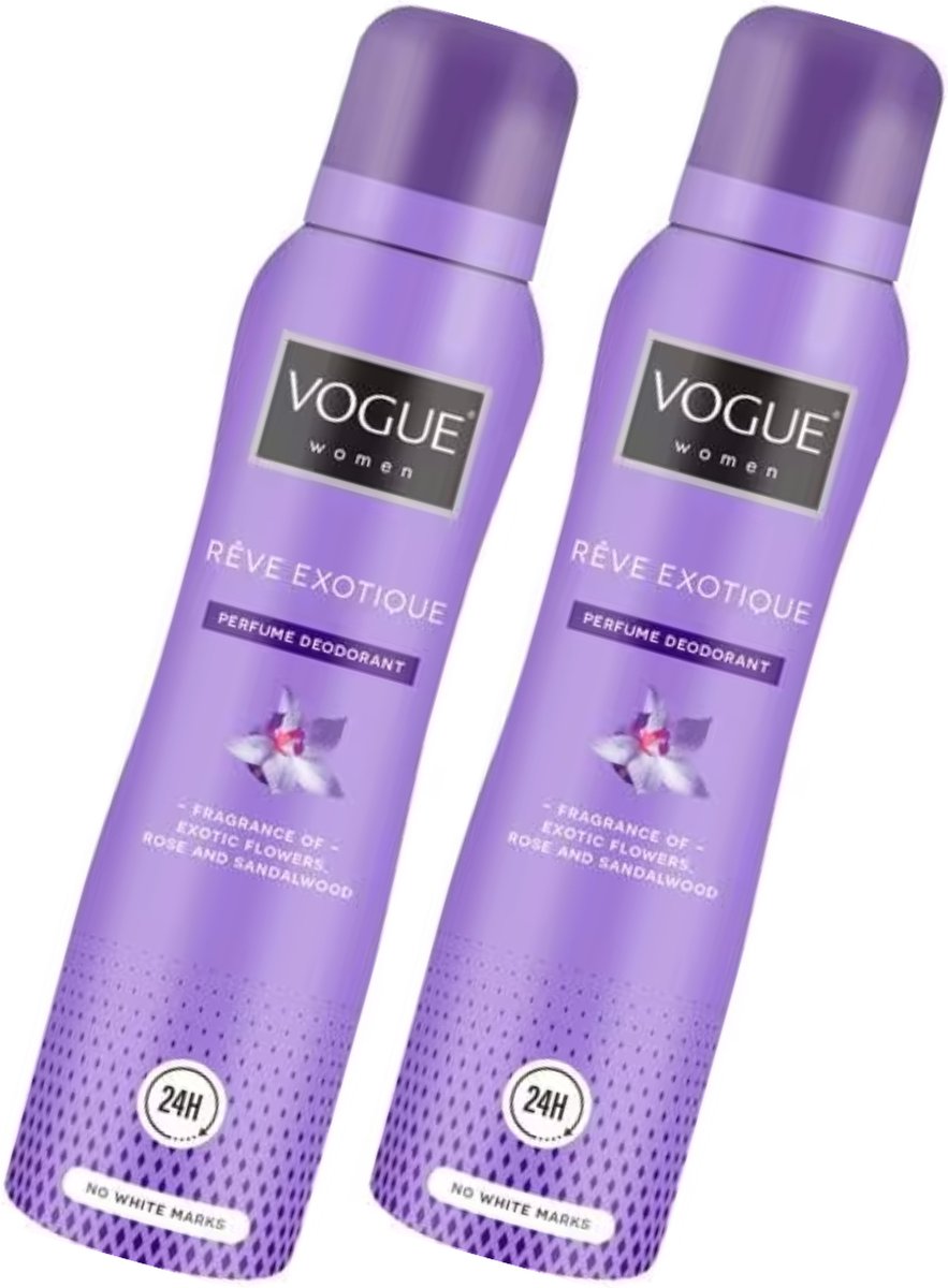 Goedkoopste Vogue Reve Exotique Parfum Deodorant- 2 x150 ml - Spray - Geursensatie van Zoete Jasmijn Roos Sandelhout en Neroli