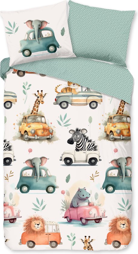 Good Morning Kinderdekbedovertrek "dieren in auto's" - Multi - (140x200/220 cm) - Katoen