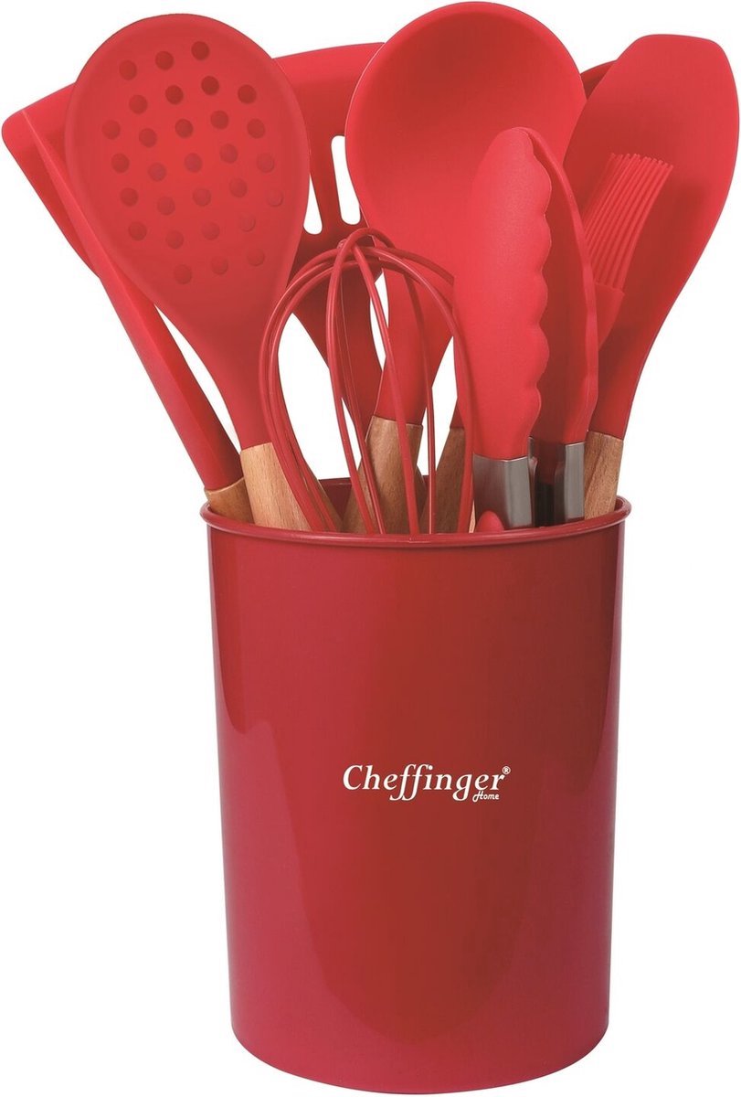 Cheffinger Keukengerei Set met Houder - 12-delig - Rood - Kookgerei Set