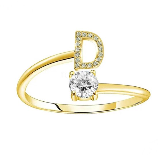 Zilveren Ringen - Letter ring D met zirkonia Gold | Verstelbare ring met letter D | 925 Sterling Zilver - 925 Keurmerk Stempel - 925 Zilver Certificaat - In Leuke Cadeauverpakking - Moederdag tip!