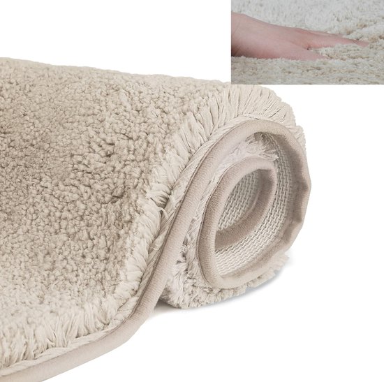Badmat en microfibre douce à poils longs – Antidérapant – Badmat lavable en machine avec absorbant l'eau – Pour baignoire – Douche et salle de bain – Beige _ 80 x 150 cm