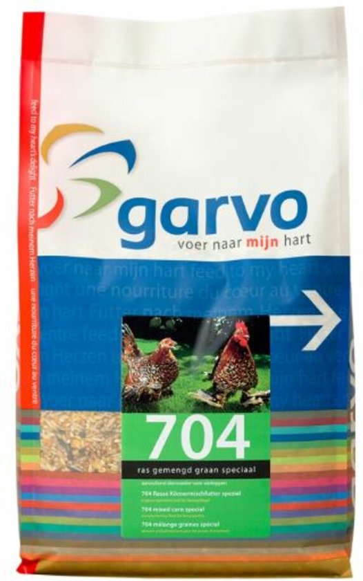 Garvo 704 ras gemengd graan speciaal met twee kippen op de voorkant.