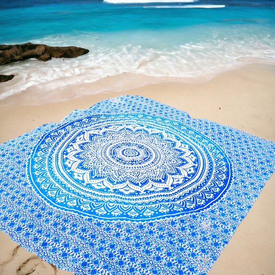 Drap de plage XL - 240x210 - Blauw - mandala/ lotus - tenture murale - style Lindian